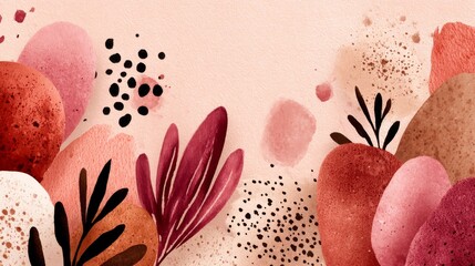 Soft watercolor composition with peachy-pink background, abstract organic shapes in pink, red, and brown, textured black and brown speckles, and stylized dark brown maroon leaves.