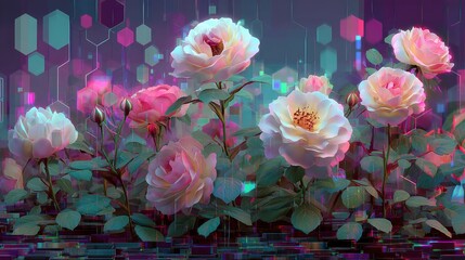 Vibrant digital art scene with blooming roses in soft pastel hues, lush green leaves, and a futuristic geometric background in shades of purple, blue, and pink.