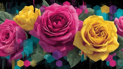 Vibrant digital-style composition featuring three detailed roses: two deep pink, one sunny yellow, with dewy petals and green leaves, set against a dark geometric hexagon backdrop in teal, pink, 
