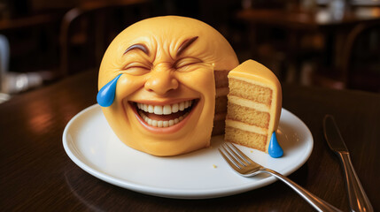 Laughing emoji cake with tears and a slice cut out on a restaurant table
