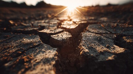 Fototapeta premium Close-up of a cracked earth texture under intense sunlight with dusty surface and deep fissures