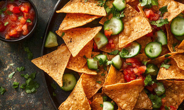 Tostilocos - A wild snack made with Tostitos chips topped with cueritos (pickled pork skin), cucumber, jicama, chamoy, and hot sauce.