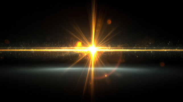 Radiant golden starburst on dark background with lens flare and glittering particles