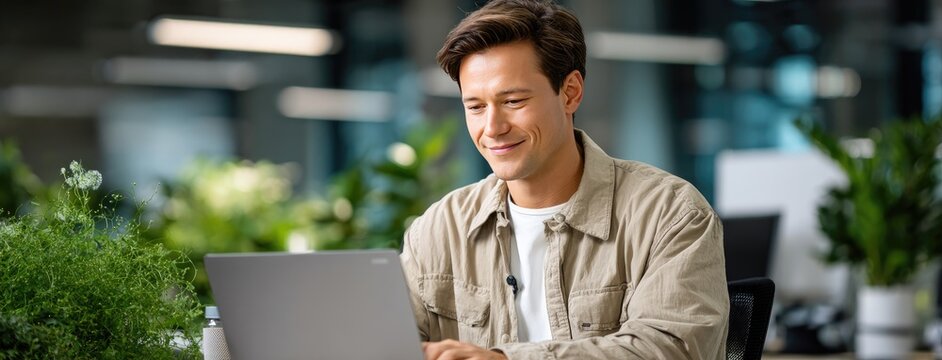 Individual actively working on laptop in an open office, utilizing a green screen designed for presenting business concepts, with room available for written content.