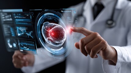 A doctor is pointing at a computer screen with a red blob on it