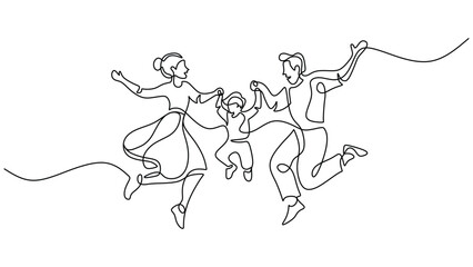 Freedom in Motion. Jumping Family Continuous One Line Drawing for Greeting Cards