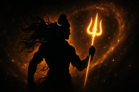 Hindu God Shiva in Fire Aura Holding Trident &ndash; Spiritual Silhouette Illustration