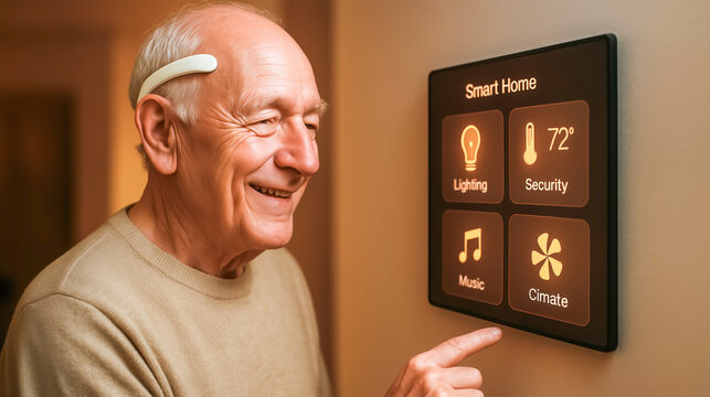 Elderly man using smart home control panel by his brain for lighting and climate settings indoors