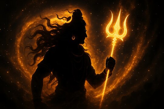 Glowing Silhouette of Lord Shiva with Trishul and Damru &ndash; Cosmic Divine Art
