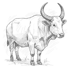 Kouprey – Bos sauvel. A hand-sketched bull figure with curved horns standing on grassy terrain. The illustration captures detailed texture and shading on a white background, representing farm 