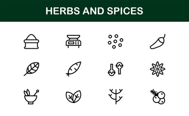 Herbs and Spices Line Icon Collection. Unique, premium icon pack of organic herbs and spice visuals in a simple linear design for creative, gourmet, and natural product applications.