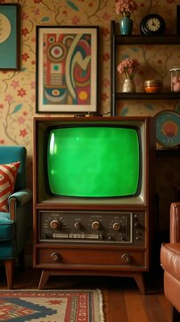 A vintage green screen TV sits in the corner of a retro-style cozy room, with warm ambient lighting and mid-century decor. 9:16 vertical composition made for chroma key and mockup use.