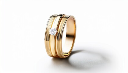 blank gold ring with diamond mockup stand half turned view isolated on white background