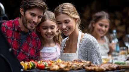 Obraz premium A family is gathered around a grill, with a woman wearing an apron