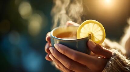 Warm Hands, Cozy Drink: Enjoying a Cup of Lemon Tea Outdoors. Close-up of hands holding a steaming cup of lemon tea.