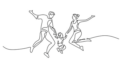 Family Happiness. Parents and Child Jumping Continuous One Line Drawing Symbol