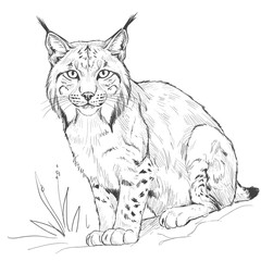 Iberian Lynx – Lynx pardinus. Iberian lynx vector stylized line drawing features a seated bobcat. Suitable for wildlife illustrations, logos, and animal conservation campaigns.