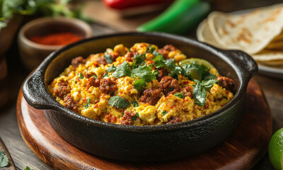 Huevos con Chorizo - Scrambled eggs with spicy Mexican sausage, often served with tortillas.