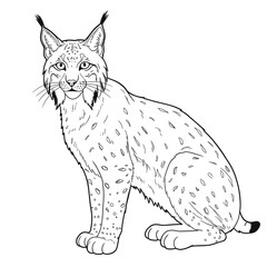 Iberian Lynx – Lynx pardinus. Iberian lynx vector stylized line drawing features a seated bobcat. Suitable for wildlife illustrations, logos, and animal conservation campaigns. © Andromax Studio