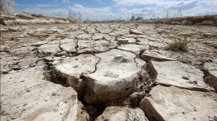 Earth's surface eroded into a chaotic mix of cracks and clumps due to intense dryness