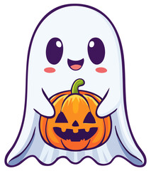 Fototapeta premium Cure cartoon ghost holding a halloween jack o lantern 