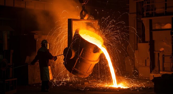 Steelworker guides molten metal pouring in foundry interior generating sparks near equipment