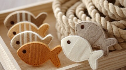 Felt toy fish in soft tones next to a rope scratching mat in a cozy cat area