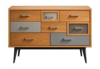 A chest with asymmetrical drawers in varying sizes, offering a quirky touch to an eclectic space.
