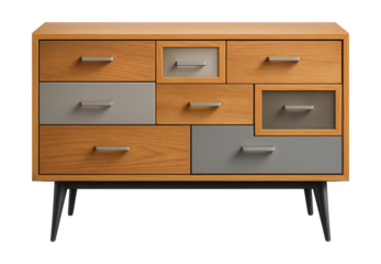 A chest with asymmetrical drawers in varying sizes, offering a quirky touch to an eclectic space.