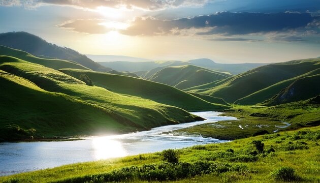 scenic landscape of lush green valley with sunlight on water and hills