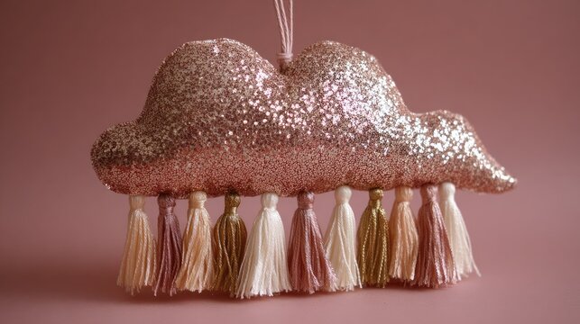 Fluffy cloud-shaped cat toy with glittery fabric and hanging tassels