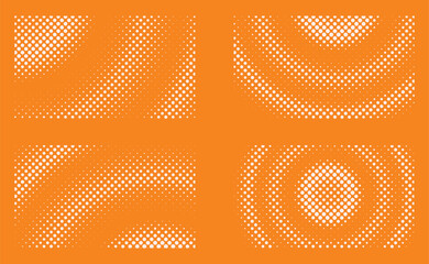 Halftone comic dot pattern vector set. Abstract radial and diagonal gradient dots on orange background for pop art retro style graphic design use.