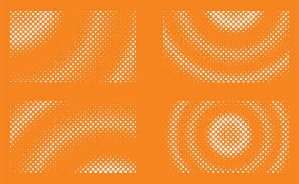 Halftone comic dot pattern vector set. Abstract radial and diagonal gradient dots on orange background for pop art retro style graphic design use.