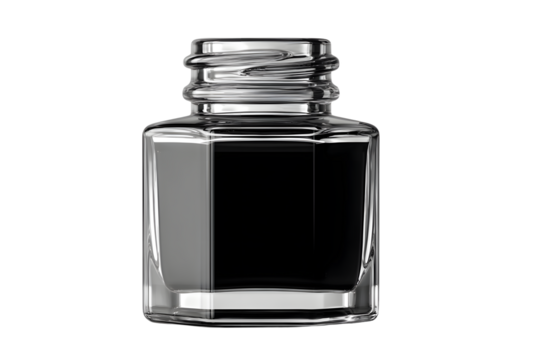 Glass ink bottle filled with black ink isolated on transparent background.