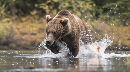Obraz premium Brown bear lunging forward in shallow forest river, mid-air salmon escaping splash, misty morning light and wet fur detail, authentic wilderness hunting scene