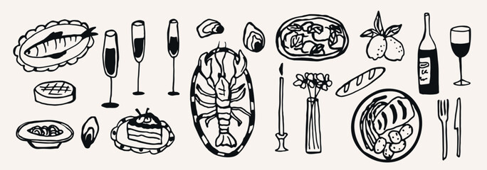 Hand drawn dinner collection. Wine and food illustration