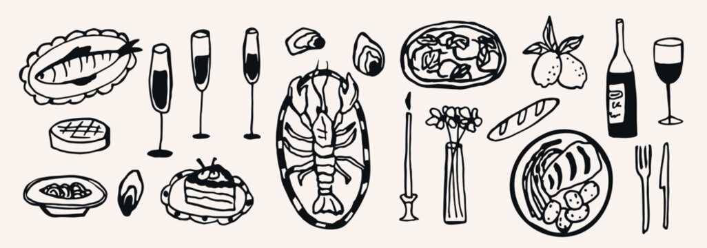 Naklejki Hand drawn dinner collection. Wine and food illustration