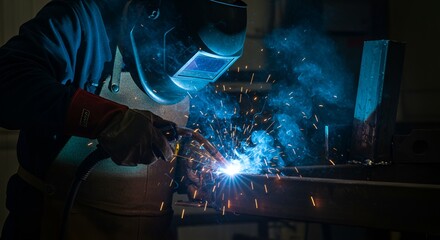Welder performs welding task in industrial setting displaying sparks smoke safety gear protection