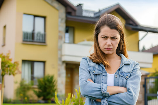 Young woman with crossed arms looking frustrated outside modern house