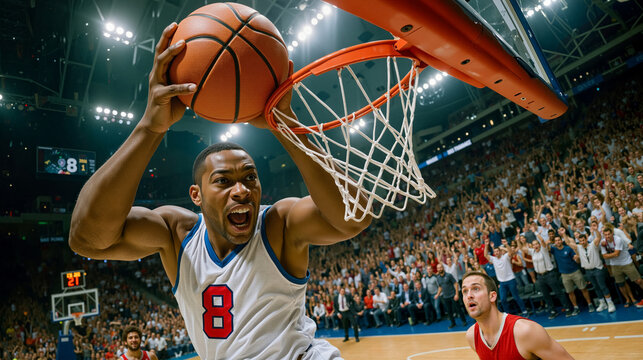 Young male basketball player dunking in intense game under arena lights