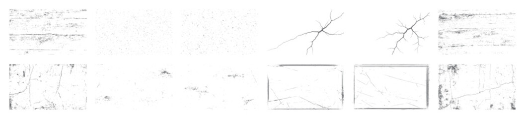 Distressed crack textures vector pack. Grunge abstract broken surface overlays for retro posters, aged print, vintage design and background art.