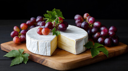 Stylish food presentation with creamy cheese wheel and fresh red grapes on wooden board creating delicious and inviting snack arrangement