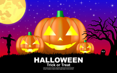 Fototapeta premium Halloween night moon composition with glowing pumpkins, antique castle and flying bats over graveyard