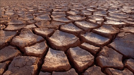 Natural patterns on cracked earth surface under direct sunlight in a desert region