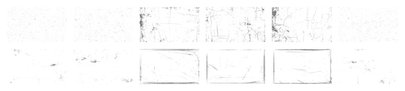 Grunge texture border frame background collection. Vintage cracked rough grungy edge elements for overlay design poster or retro print.