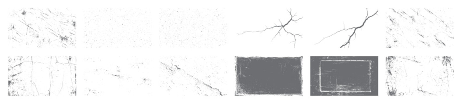 Cracked grunge texture vector collection. Abstract rough distressed frames, cracked dust overlay design for vintage print and retro surface.