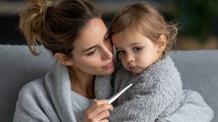 A woman is holding a child who is wearing a gray blanket