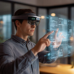 businessman touching virtual screen