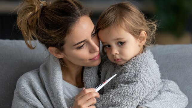 A woman is holding a child who is wearing a gray blanket