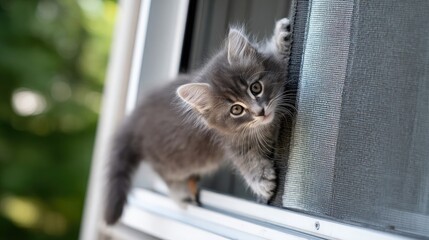 Playful kitten gripping a window screen, halfway up with tail dangling below
